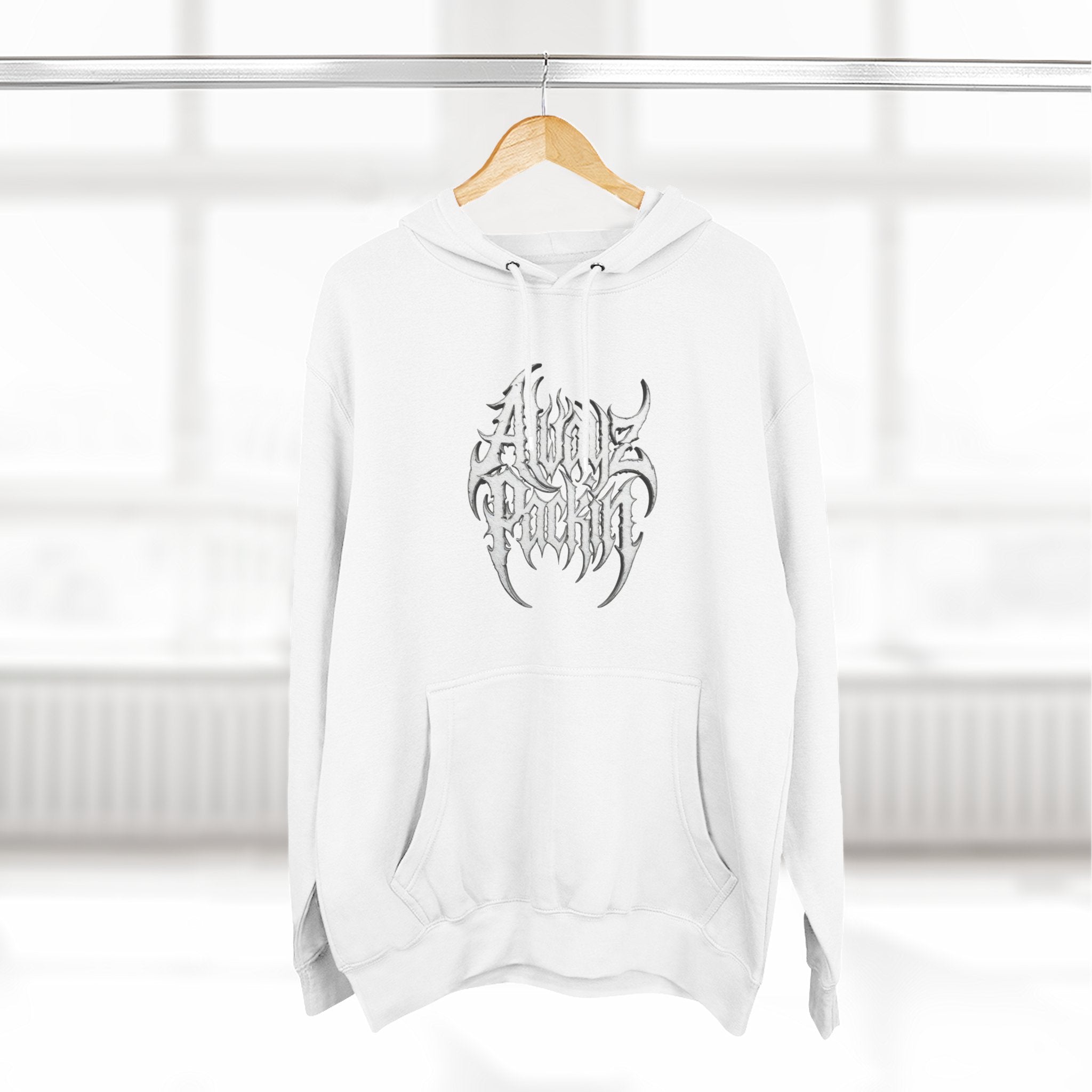 Abstract Tribal Logo hoodie | minimalist black emblem on white pullover