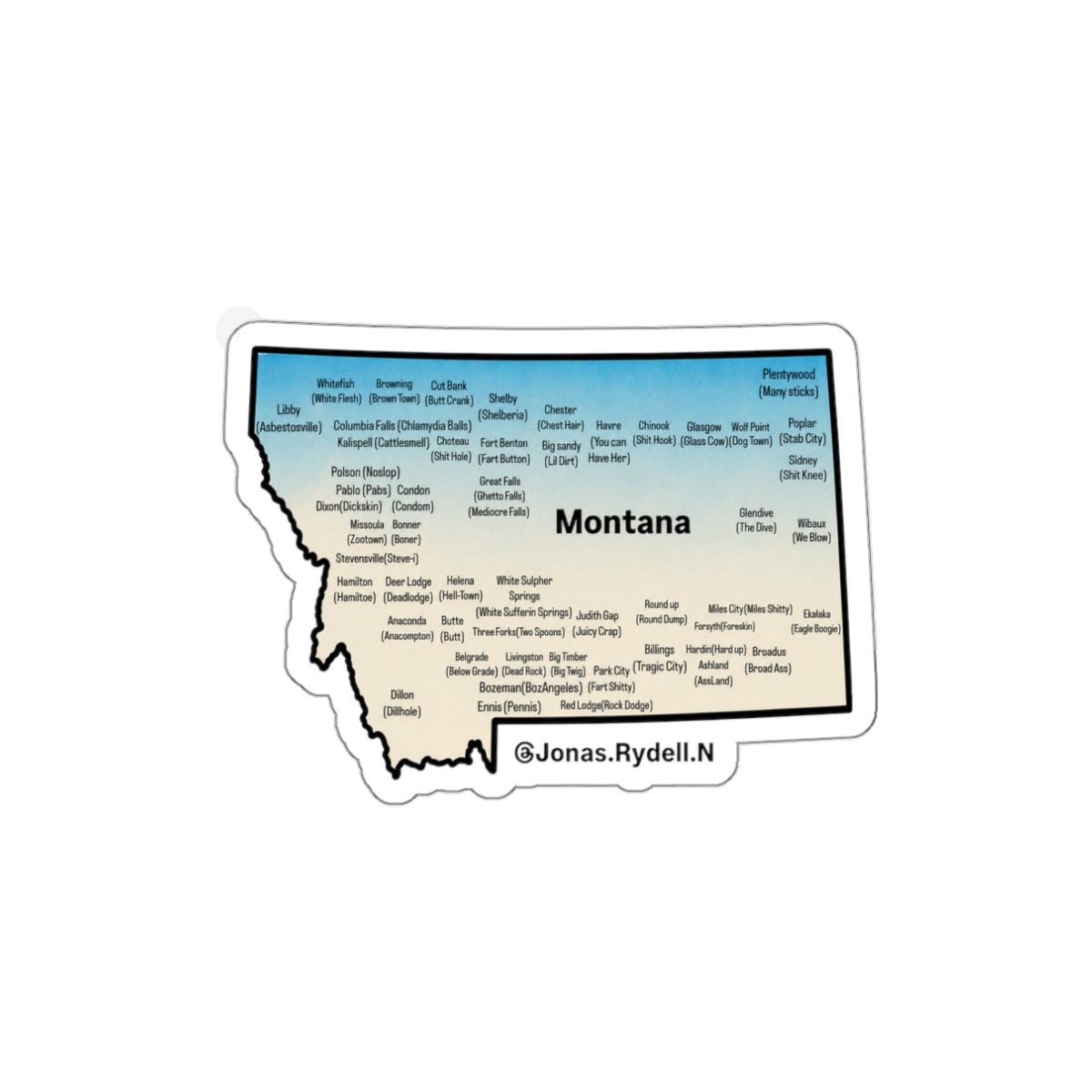 Montana Map Sticker with Towns and Town Nickname