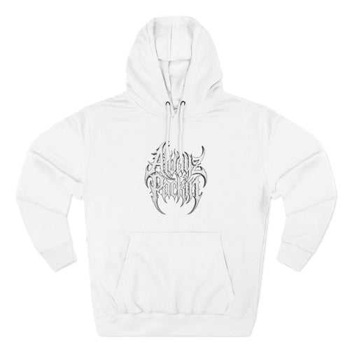 Abstract Tribal Logo hoodie | minimalist black emblem on white pullover