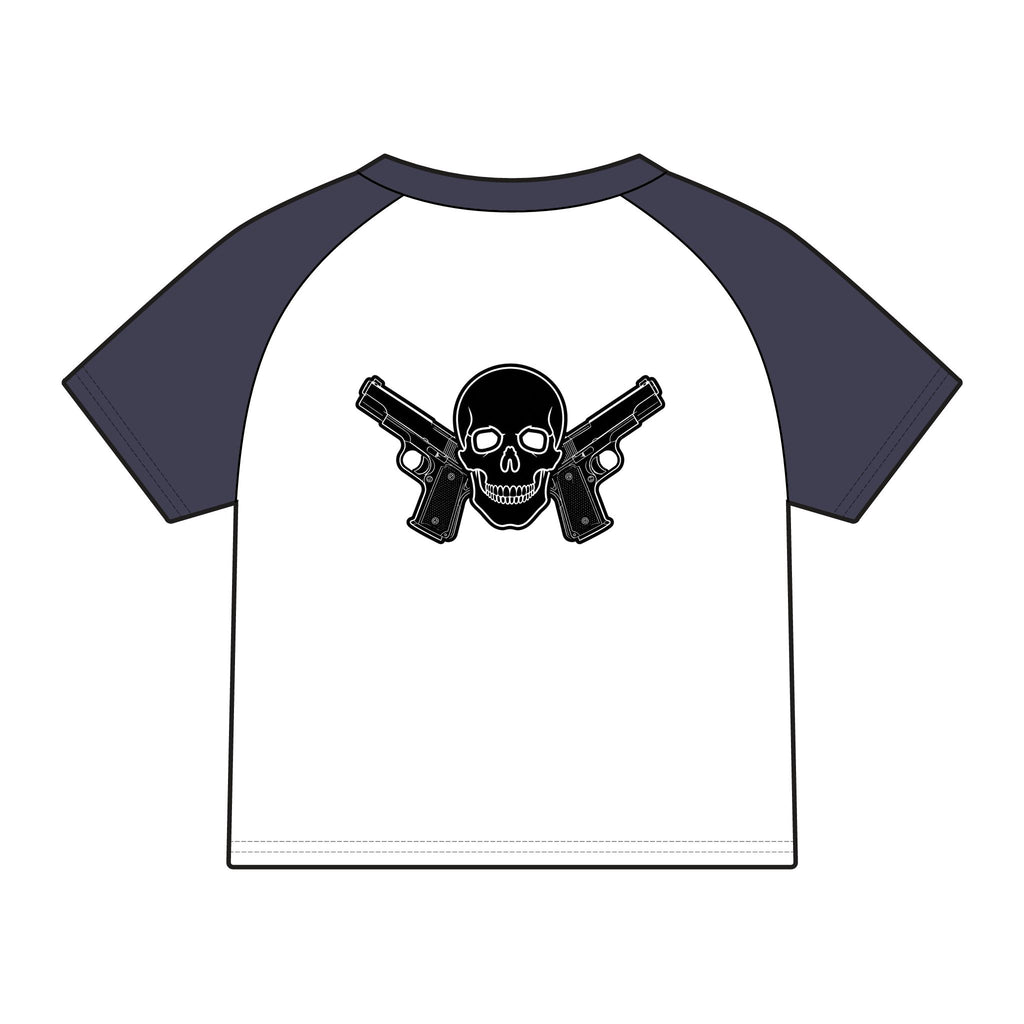 Women's Alwayz Packin in front skull cross guns in back Micro Rib Raglan Baby Tee