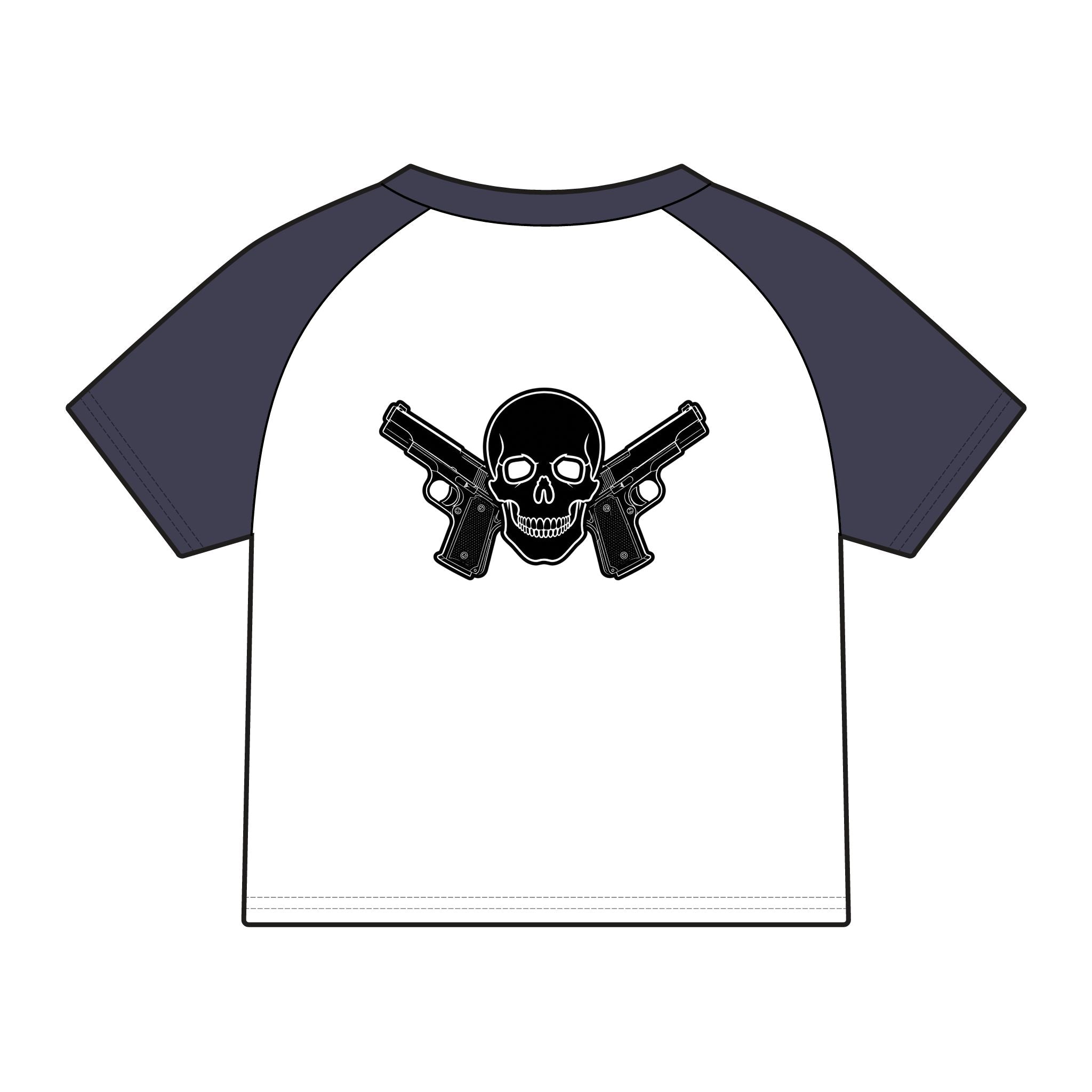 Women's Alwayz Packin in front skull cross guns in back Micro Rib Raglan Baby Tee