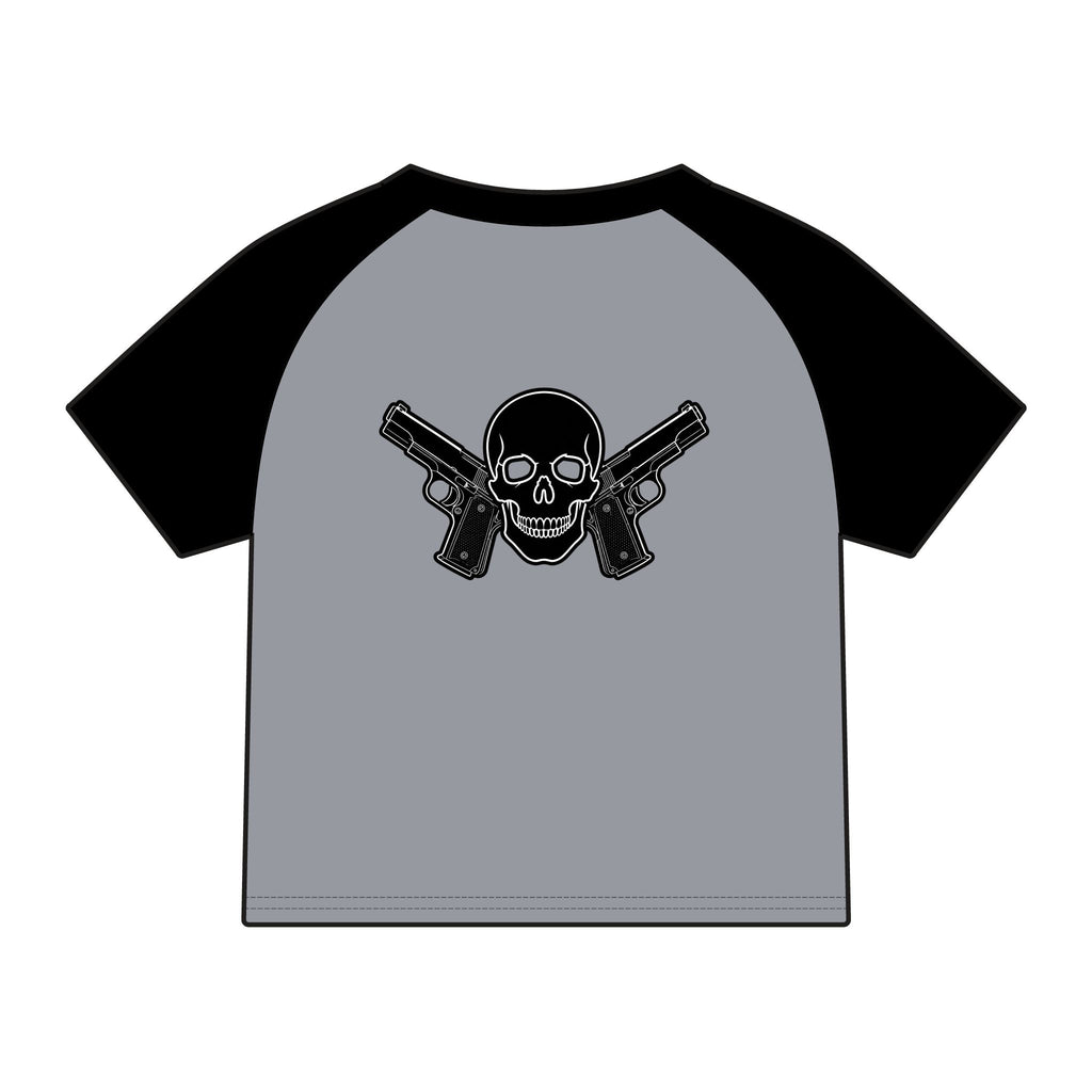 Women's Alwayz Packin in front skull cross guns in back Micro Rib Raglan Baby Tee