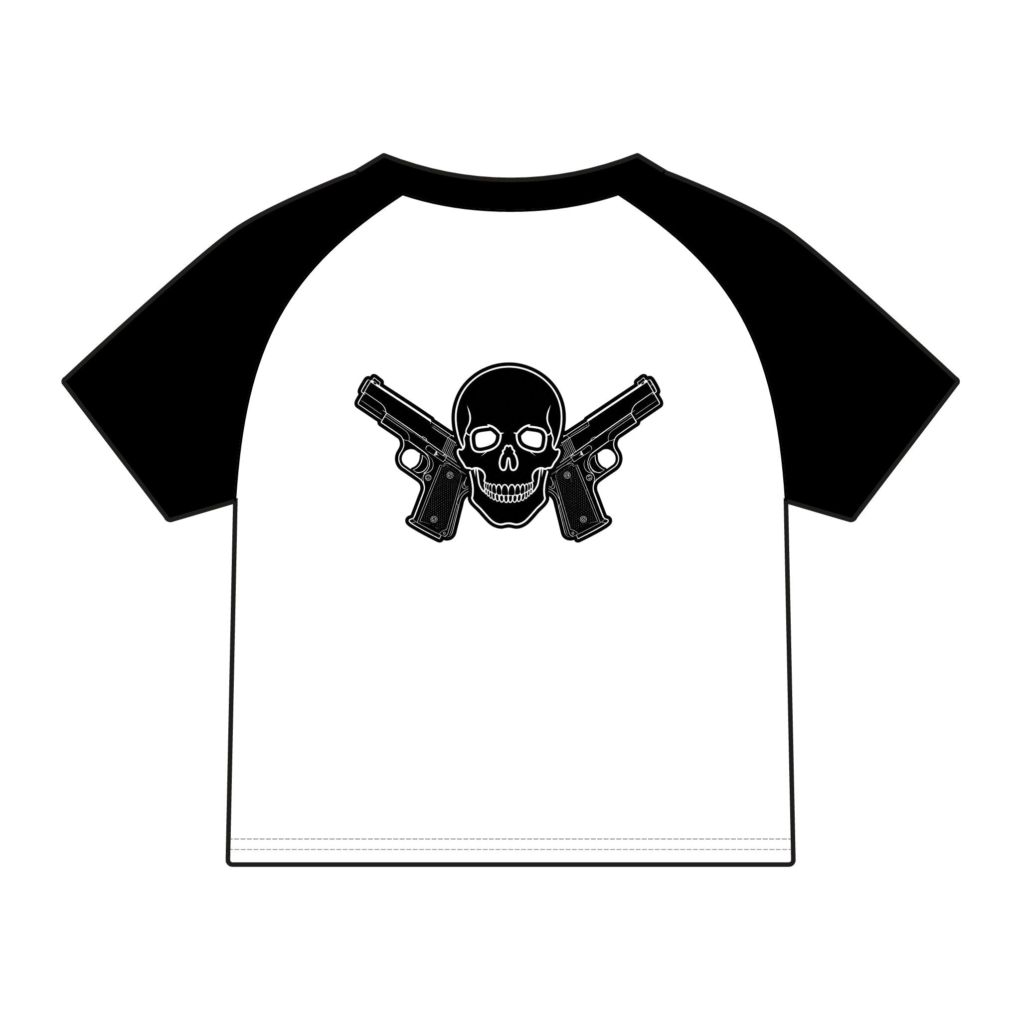 Women's Alwayz Packin in front skull cross guns in back Micro Rib Raglan Baby Tee