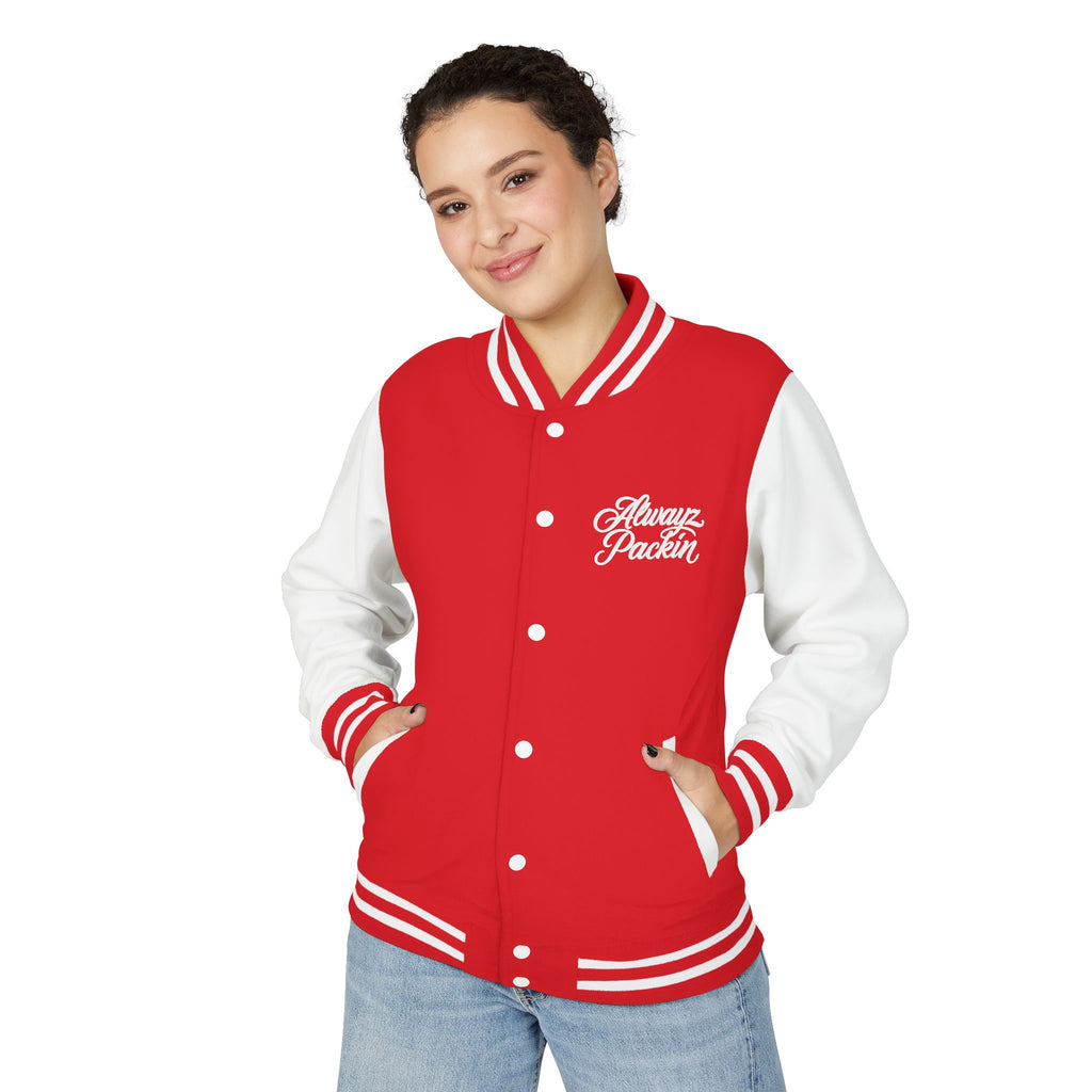 Alwayz packin front/ Alwayz Packin Skull and guns back Unisex Heavyweight Letterman Jacket