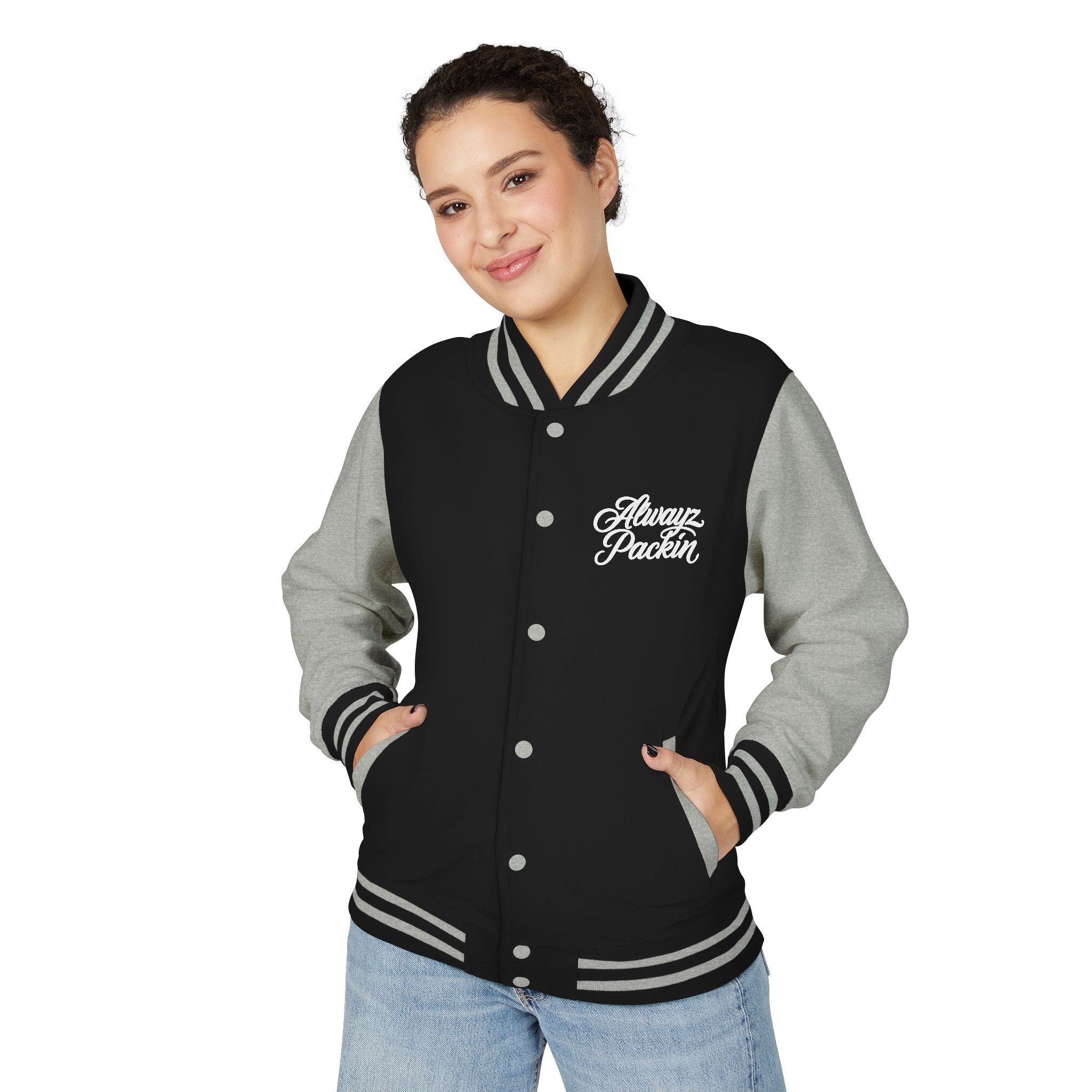 Alwayz packin front/ Alwayz Packin Skull and guns back Unisex Heavyweight Letterman Jacket