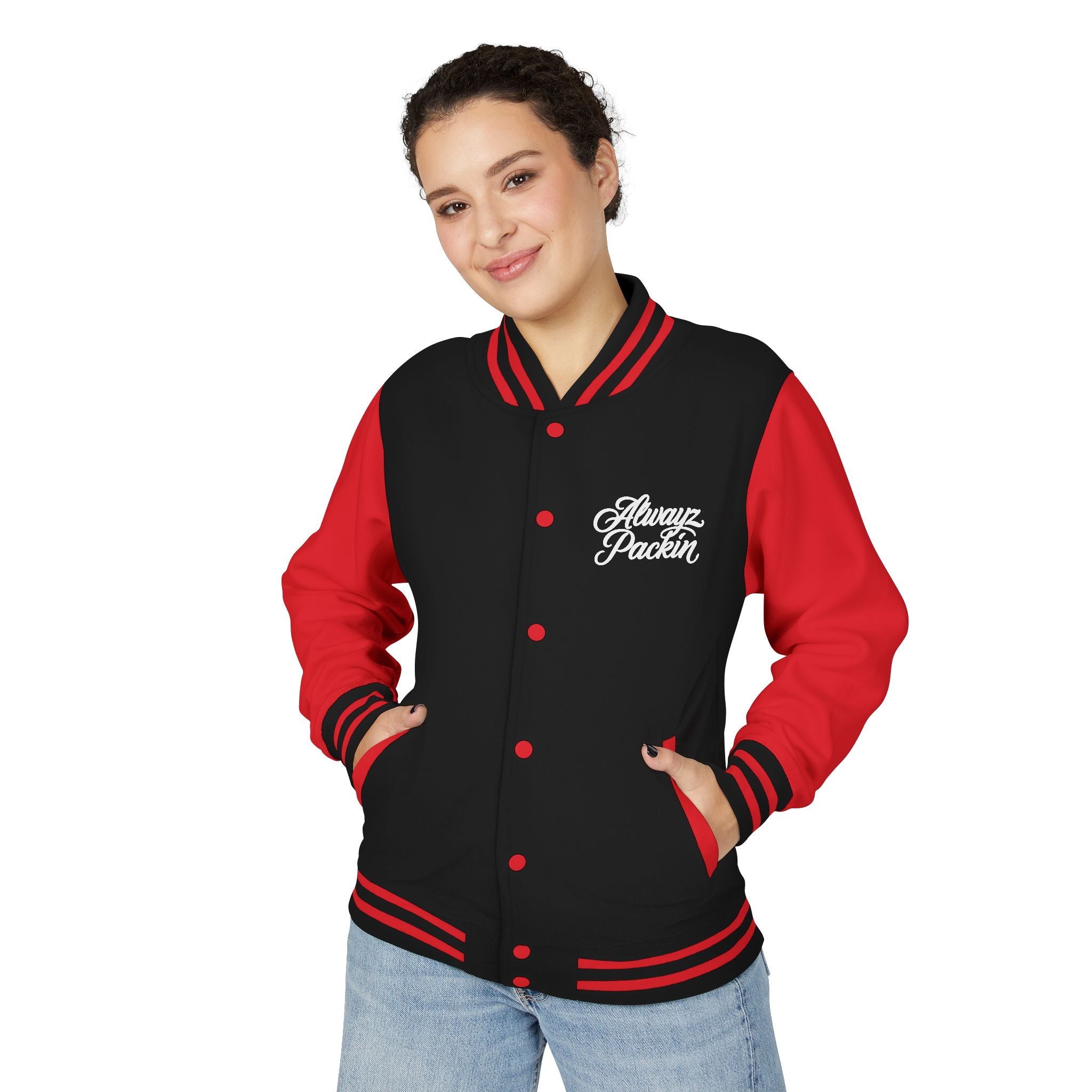 Alwayz packin front/ Alwayz Packin Skull and guns back Unisex Heavyweight Letterman Jacket