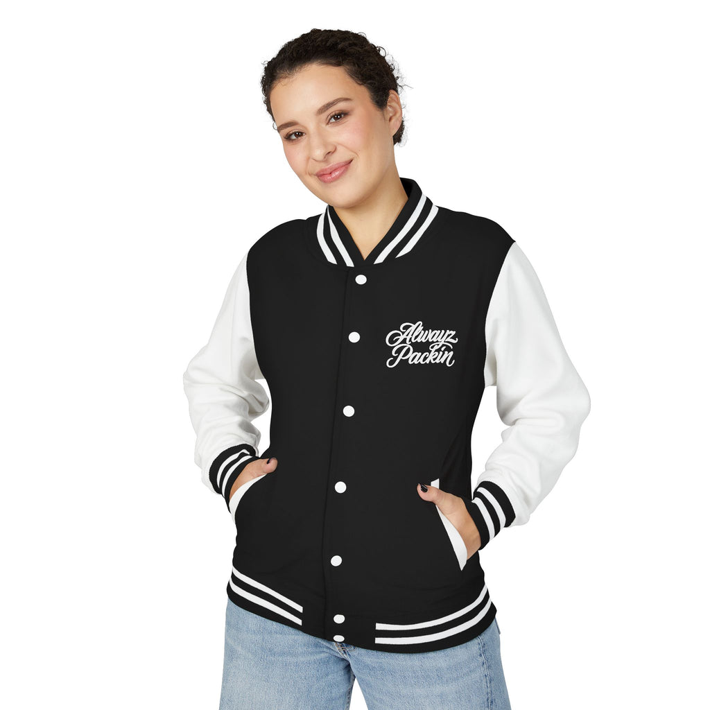 Alwayz packin front/ Alwayz Packin Skull and guns back Unisex Heavyweight Letterman Jacket