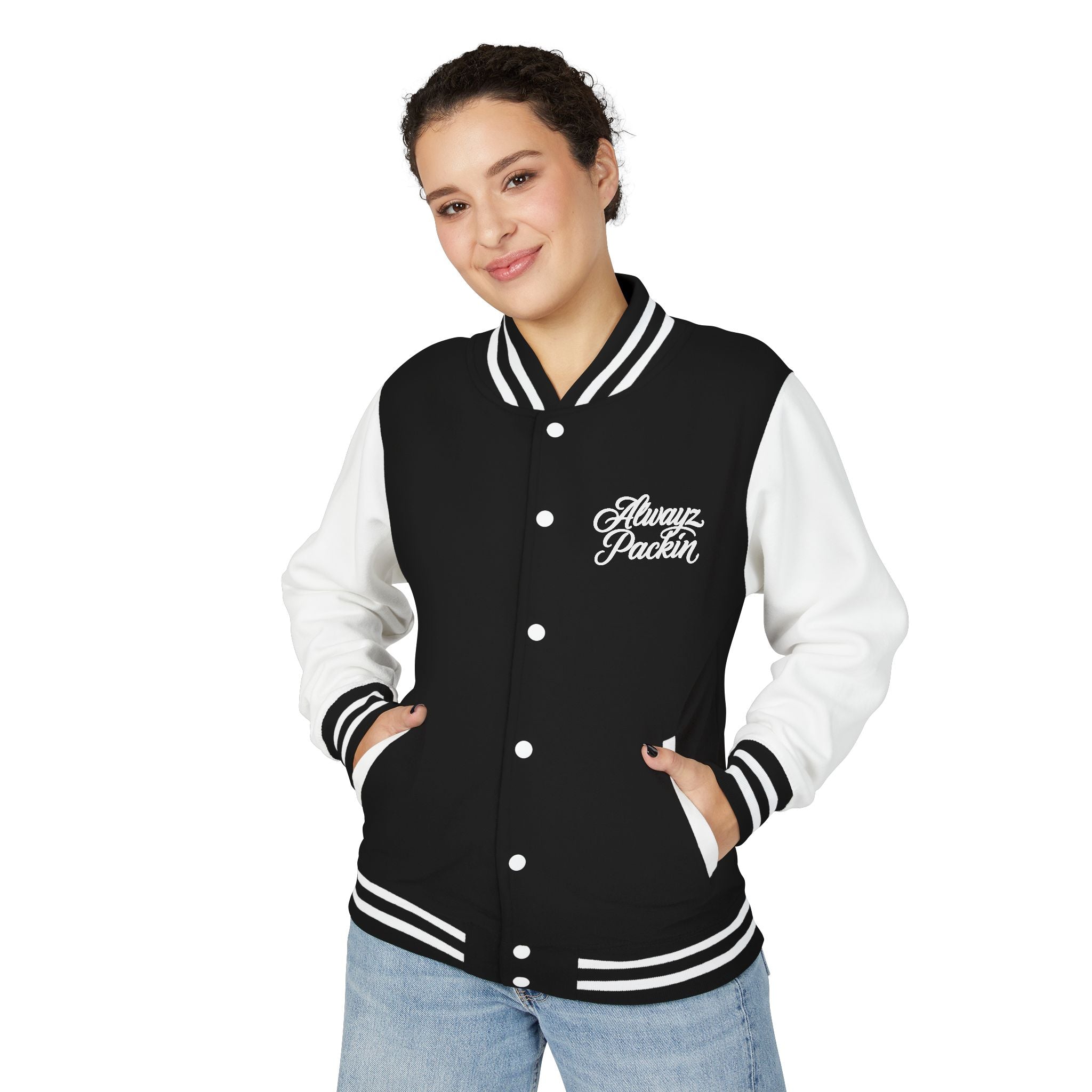 Alwayz packin front/ Alwayz Packin Skull and guns back Unisex Heavyweight Letterman Jacket