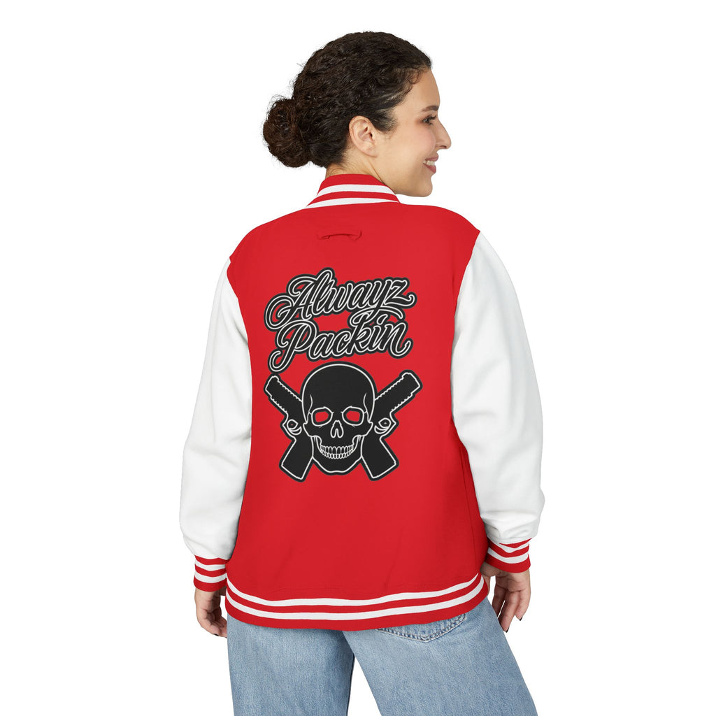 Alwayz packin front/ Alwayz Packin Skull and guns back Unisex Heavyweight Letterman Jacket