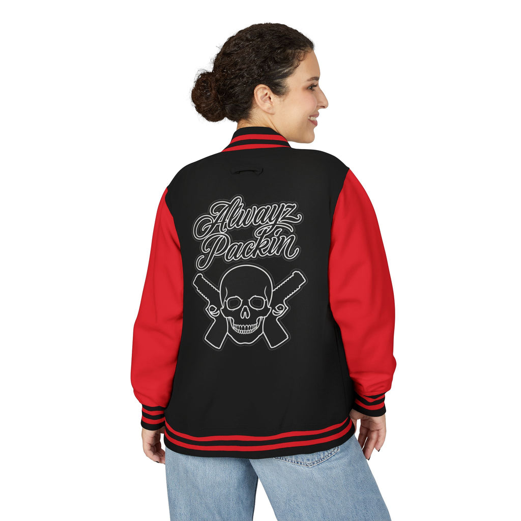 Alwayz packin front/ Alwayz Packin Skull and guns back Unisex Heavyweight Letterman Jacket