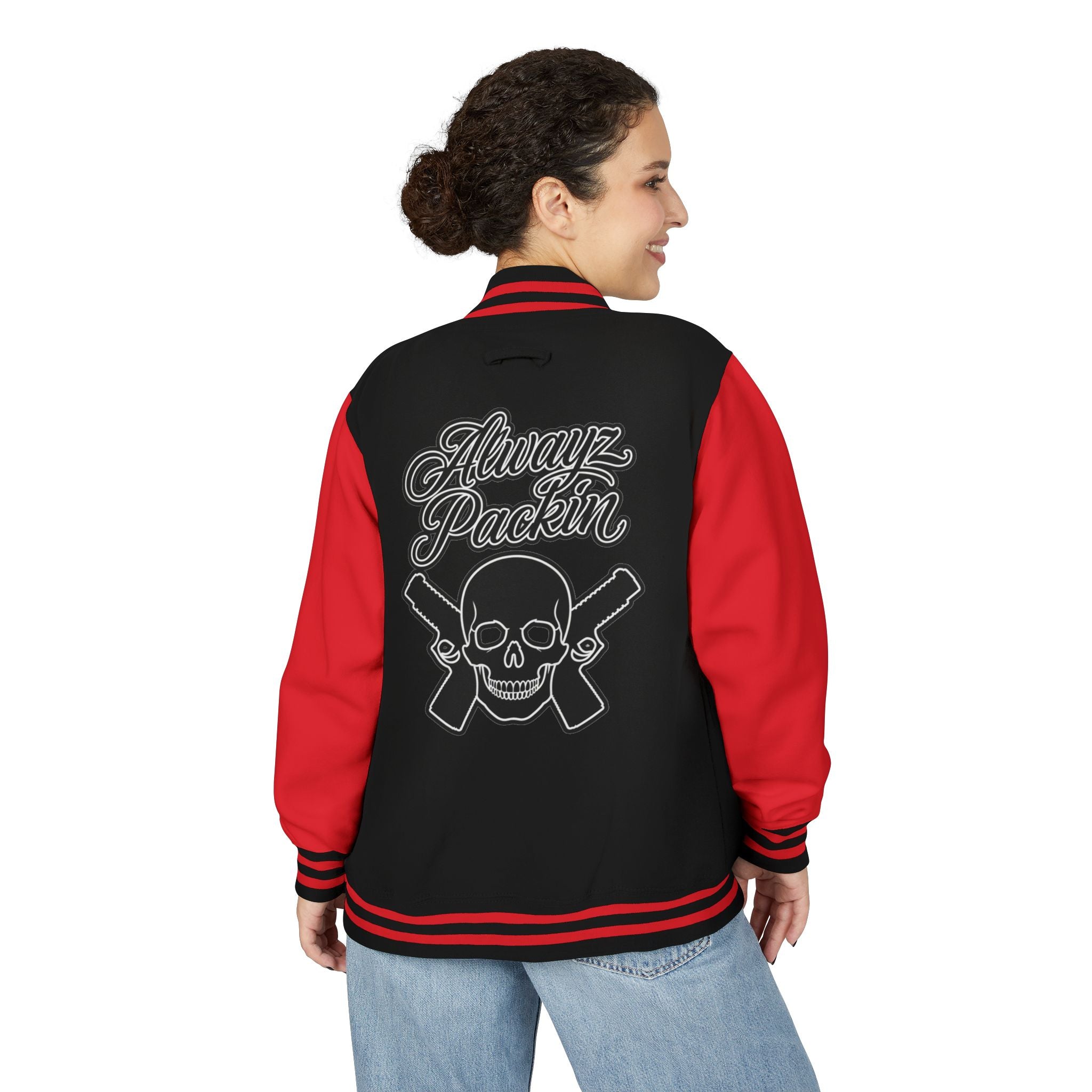 Alwayz packin front/ Alwayz Packin Skull and guns back Unisex Heavyweight Letterman Jacket