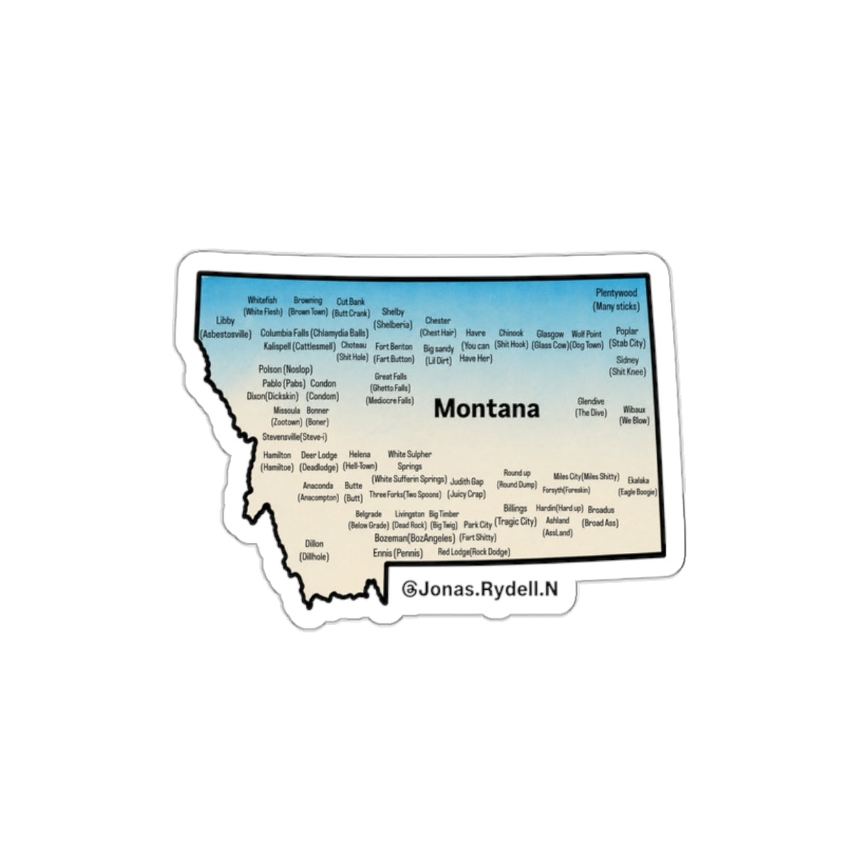 Montana Map Sticker with Towns and Town Nickname