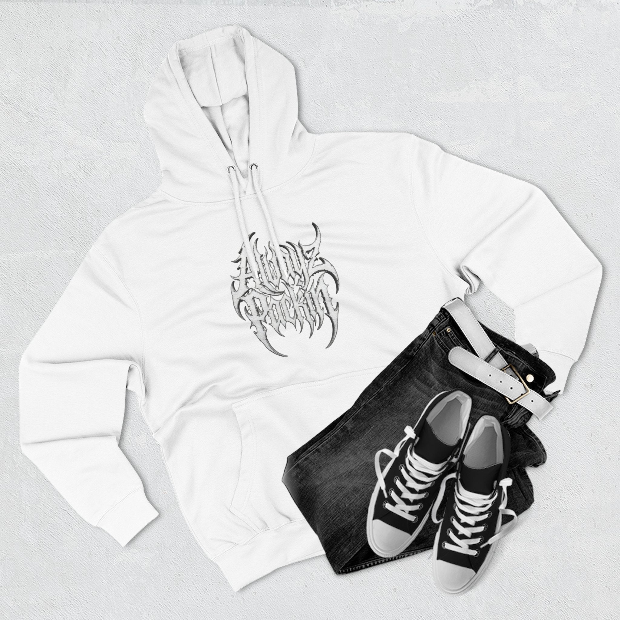 Abstract Tribal Logo hoodie | minimalist black emblem on white pullover