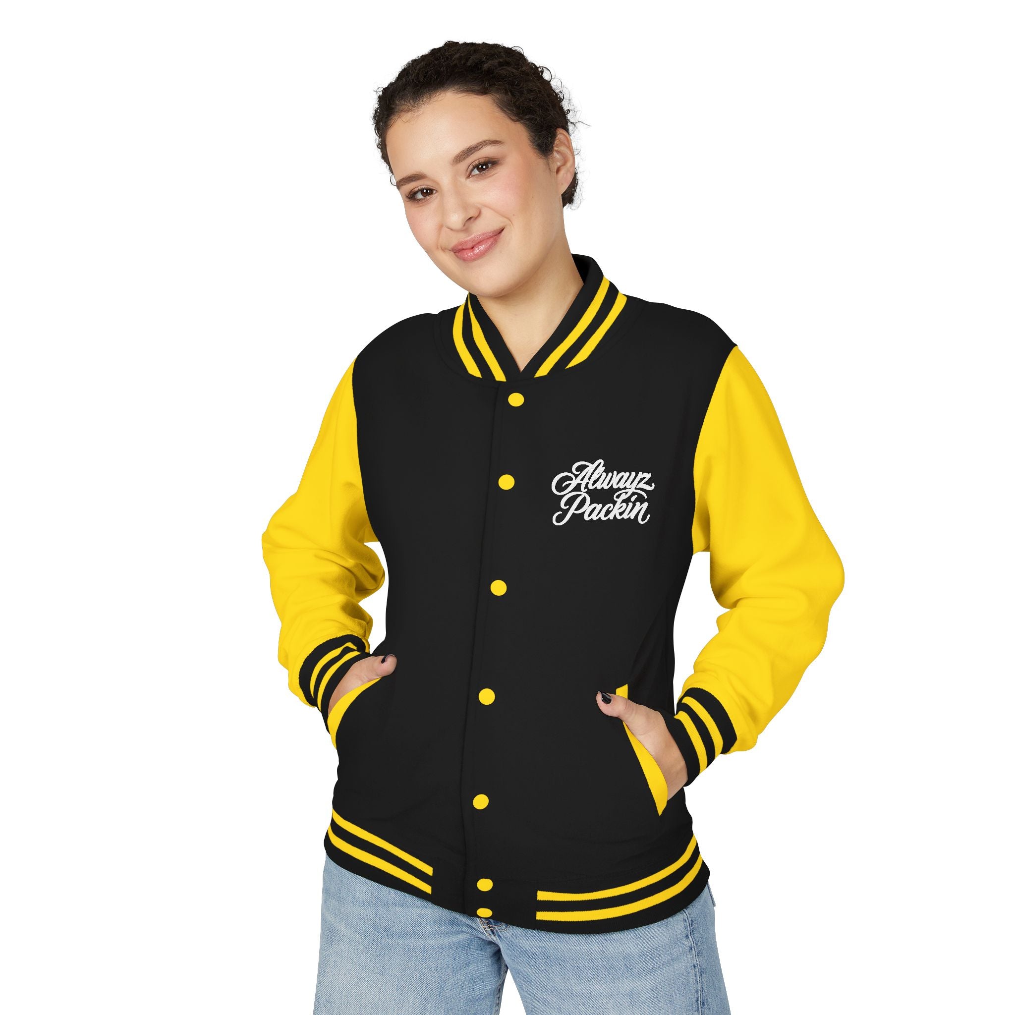Alwayz packin front/ Alwayz Packin Skull and guns back Unisex Heavyweight Letterman Jacket
