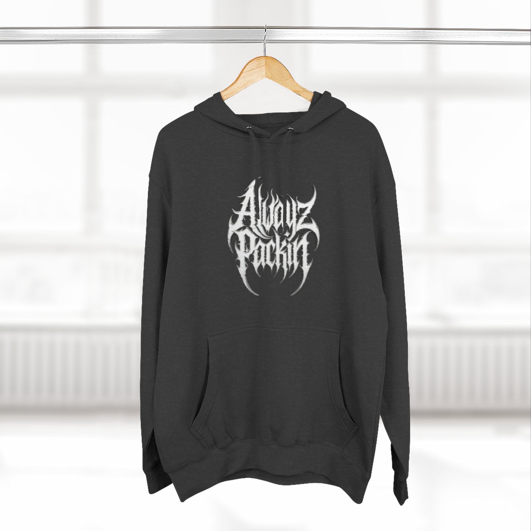 Abstract Tribal Logo hoodie | minimalist black emblem on white pullover