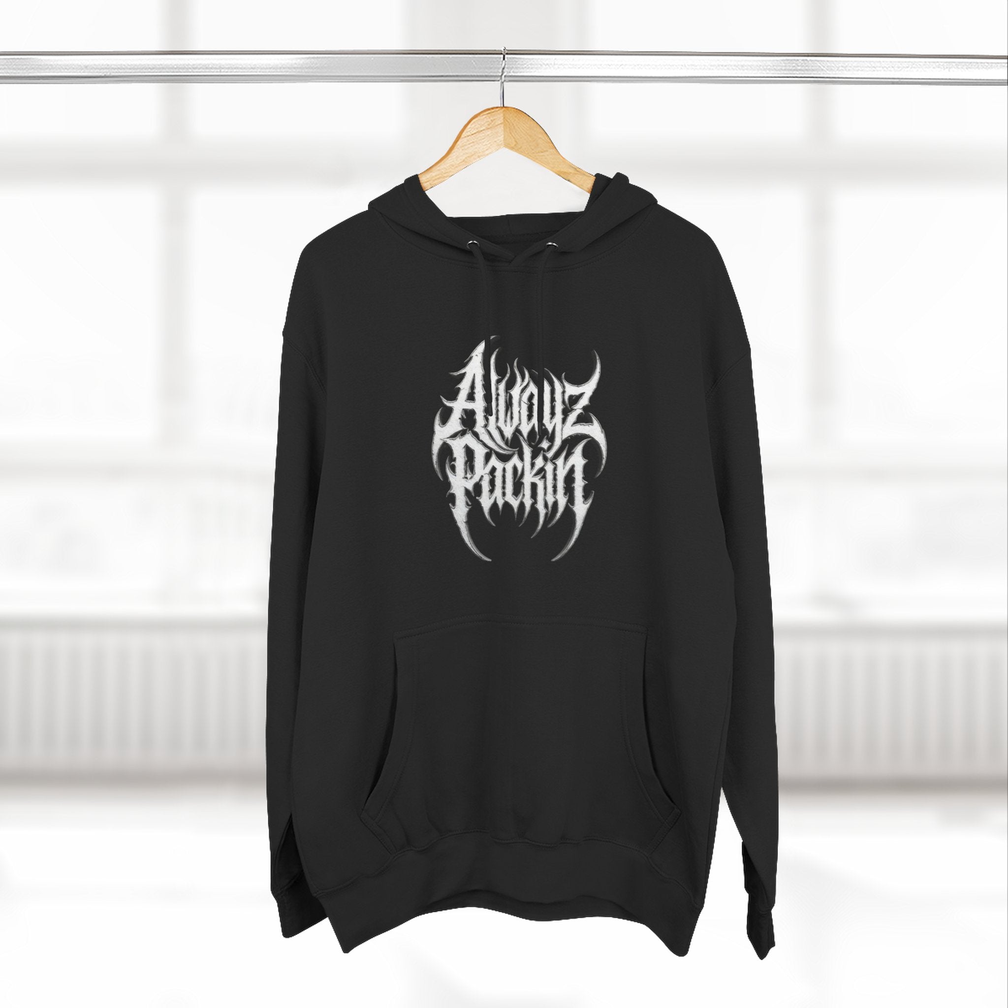 Abstract Tribal Logo hoodie | minimalist black emblem on white pullover