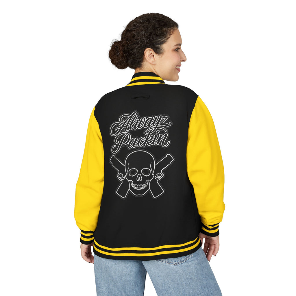 Alwayz packin front/ Alwayz Packin Skull and guns back Unisex Heavyweight Letterman Jacket