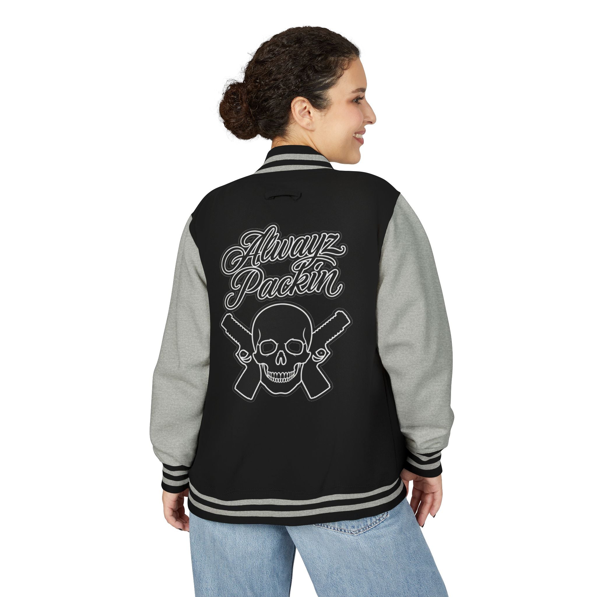 Alwayz packin front/ Alwayz Packin Skull and guns back Unisex Heavyweight Letterman Jacket