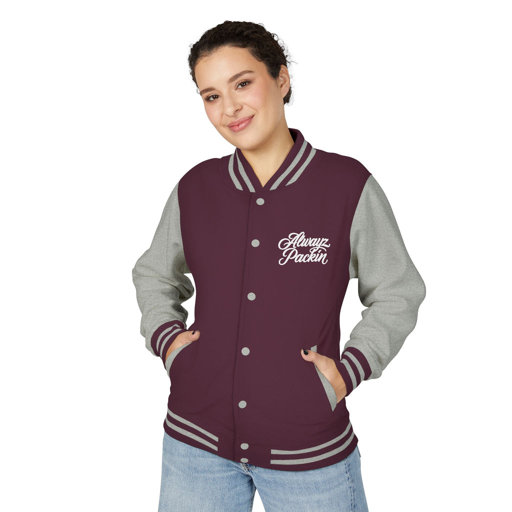 Alwayz packin front/ Alwayz Packin Skull and guns back Unisex Heavyweight Letterman Jacket