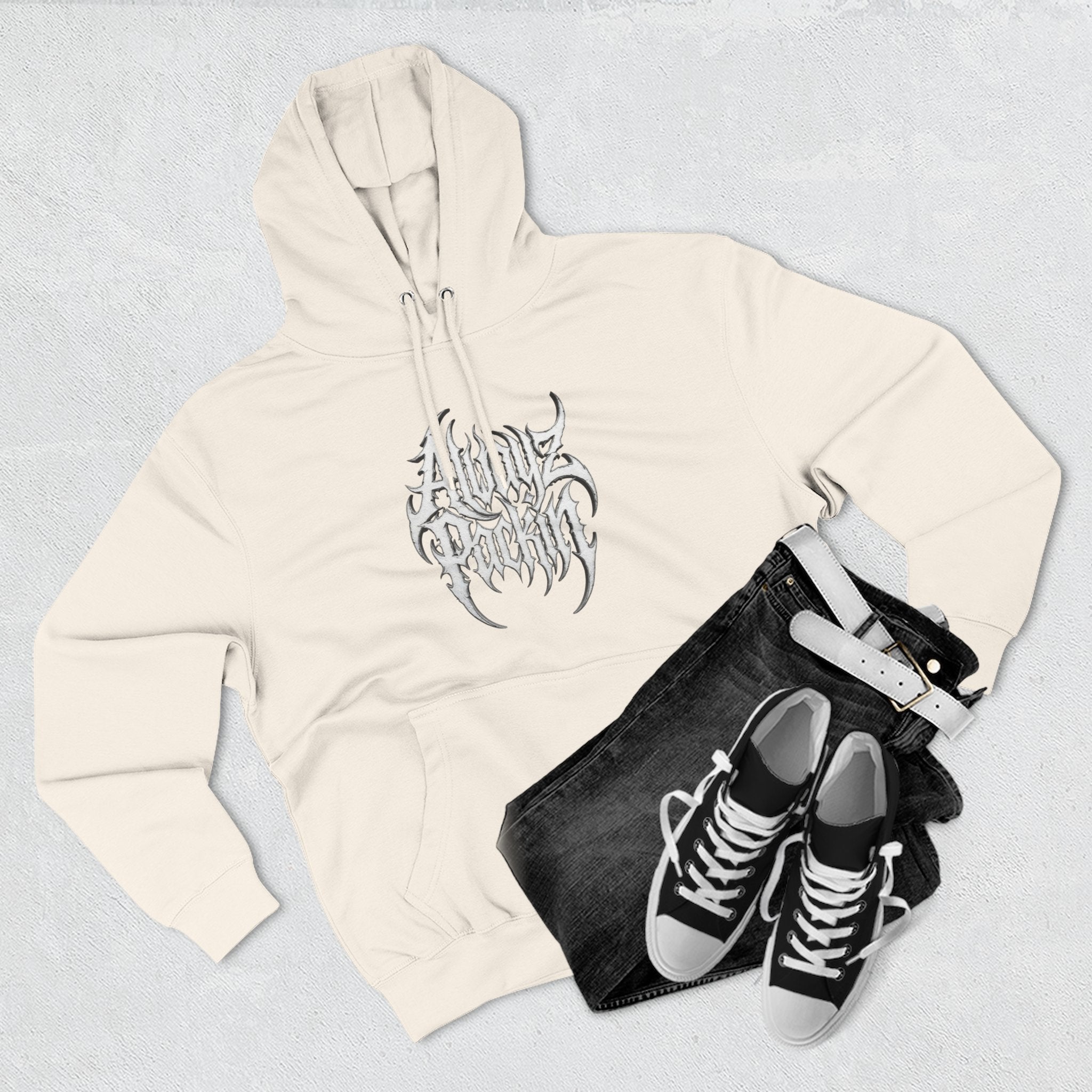 Abstract Tribal Logo hoodie | minimalist black emblem on white pullover