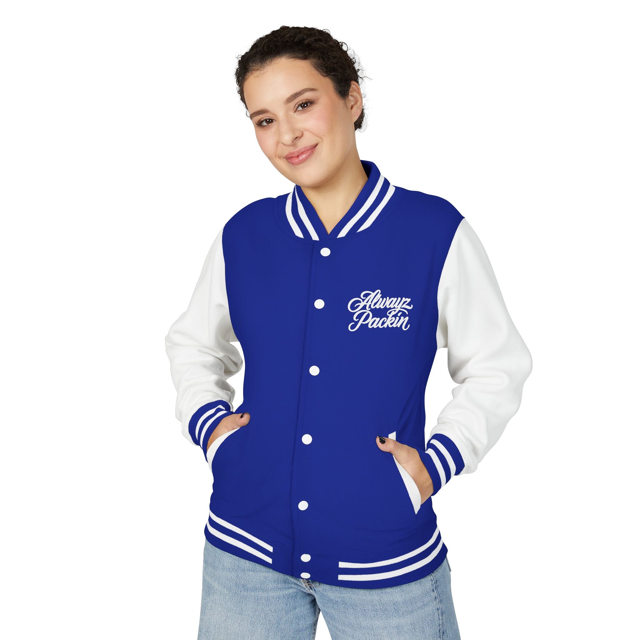 Alwayz packin front/ Alwayz Packin Skull and guns back Unisex Heavyweight Letterman Jacket