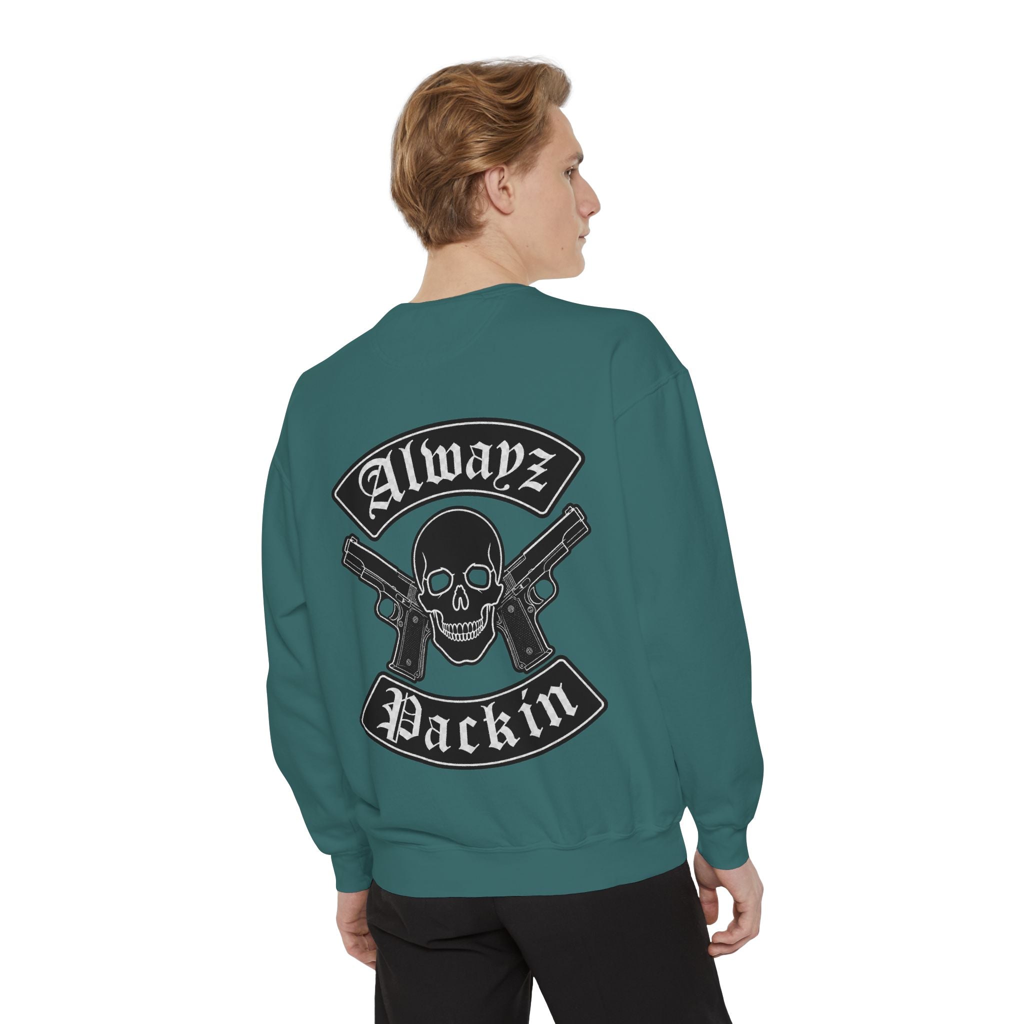 Alwayz Packin Front/ Skull and Guns with Rocker Back Sweatshirt