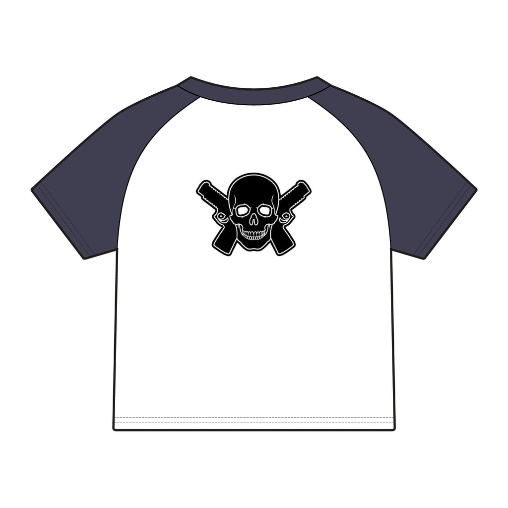 Women's Alwayz Packin in front skull cross guns in back Micro Rib Raglan Baby Tee