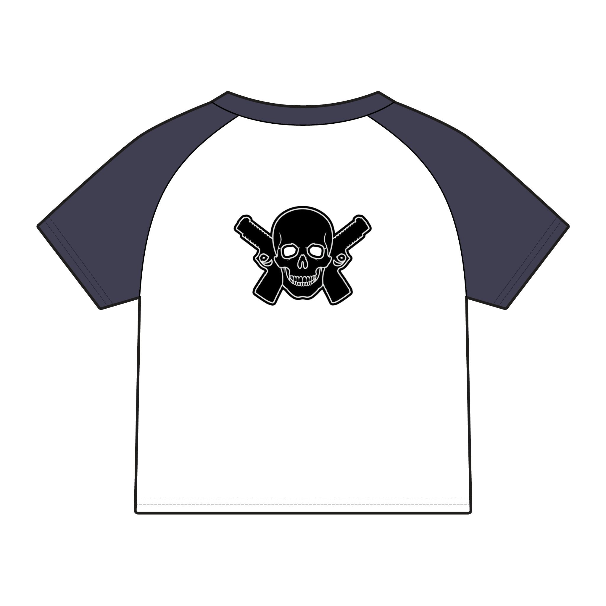 Women's Alwayz Packin in front skull cross guns in back Micro Rib Raglan Baby Tee