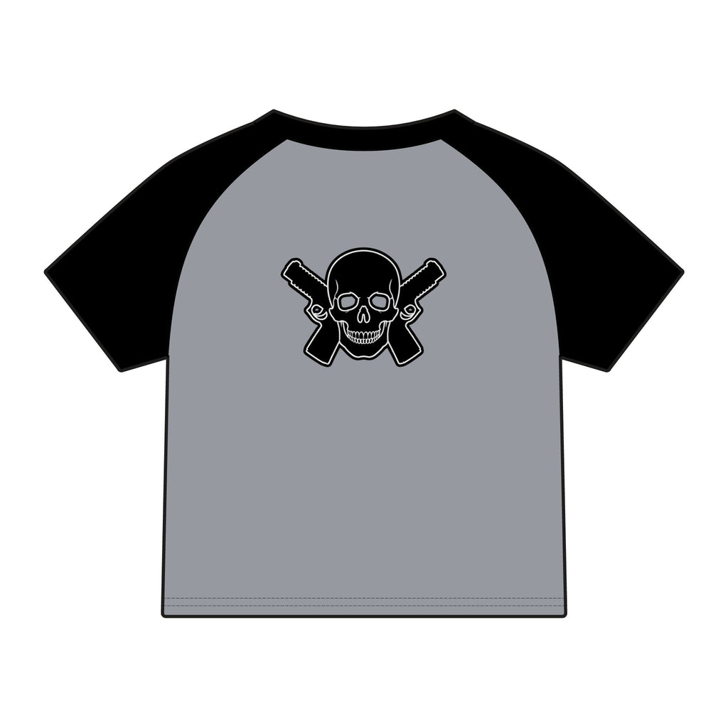 Women's Alwayz Packin in front skull cross guns in back Micro Rib Raglan Baby Tee