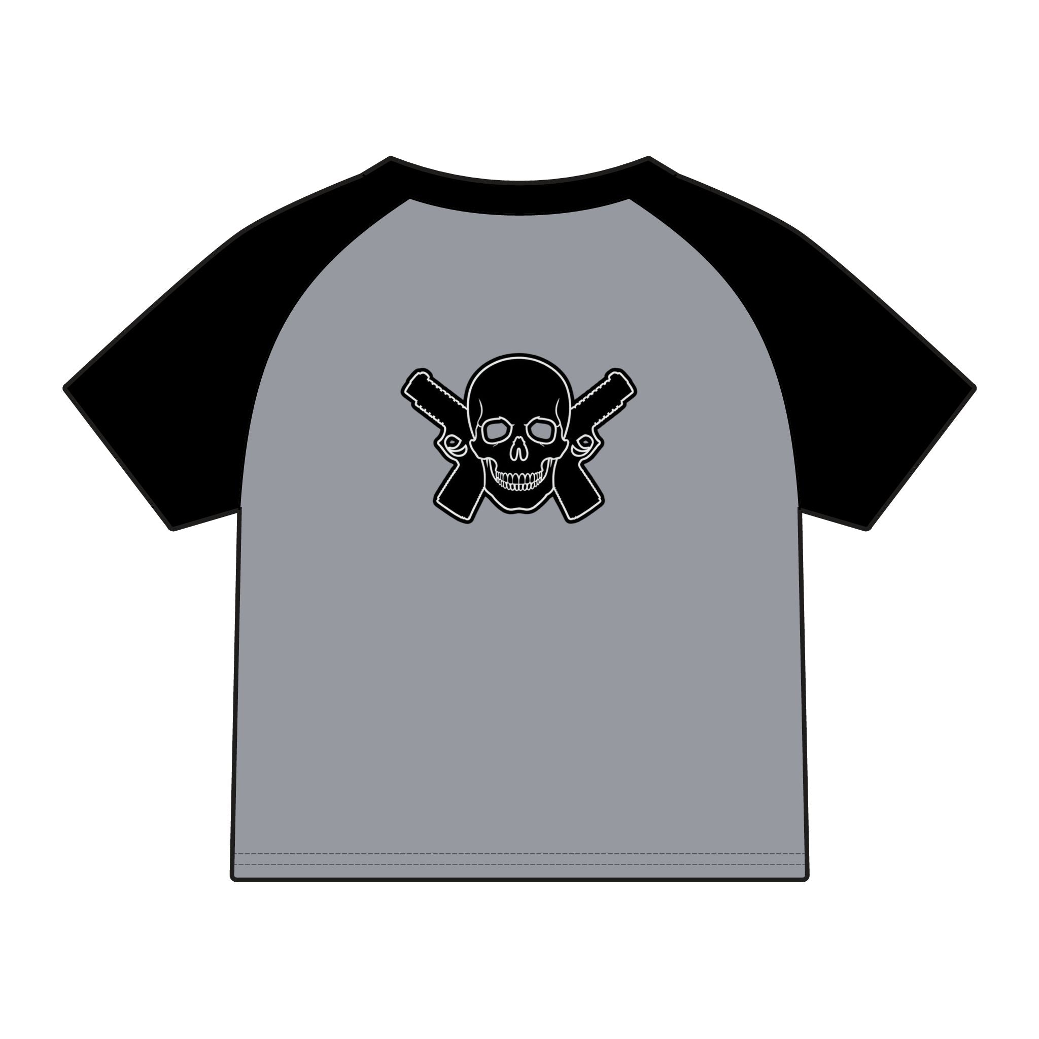 Women's Alwayz Packin in front skull cross guns in back Micro Rib Raglan Baby Tee