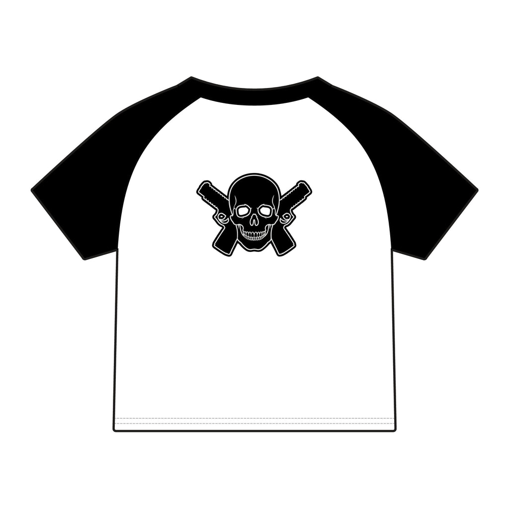 Women's Alwayz Packin in front skull cross guns in back Micro Rib Raglan Baby Tee