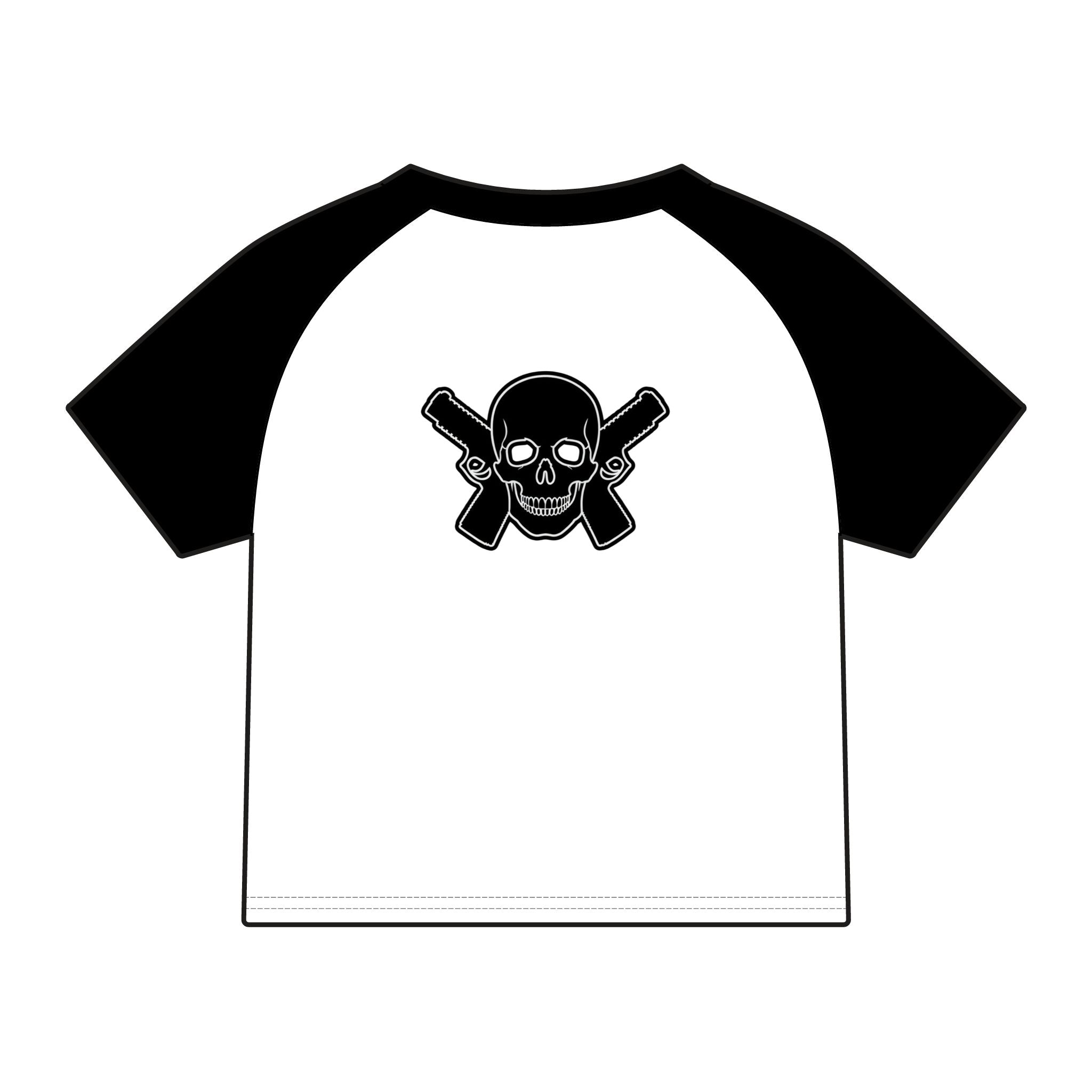 Women's Alwayz Packin in front skull cross guns in back Micro Rib Raglan Baby Tee