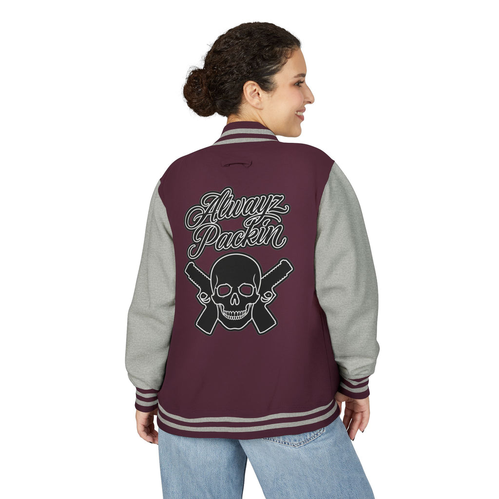 Alwayz packin front/ Alwayz Packin Skull and guns back Unisex Heavyweight Letterman Jacket